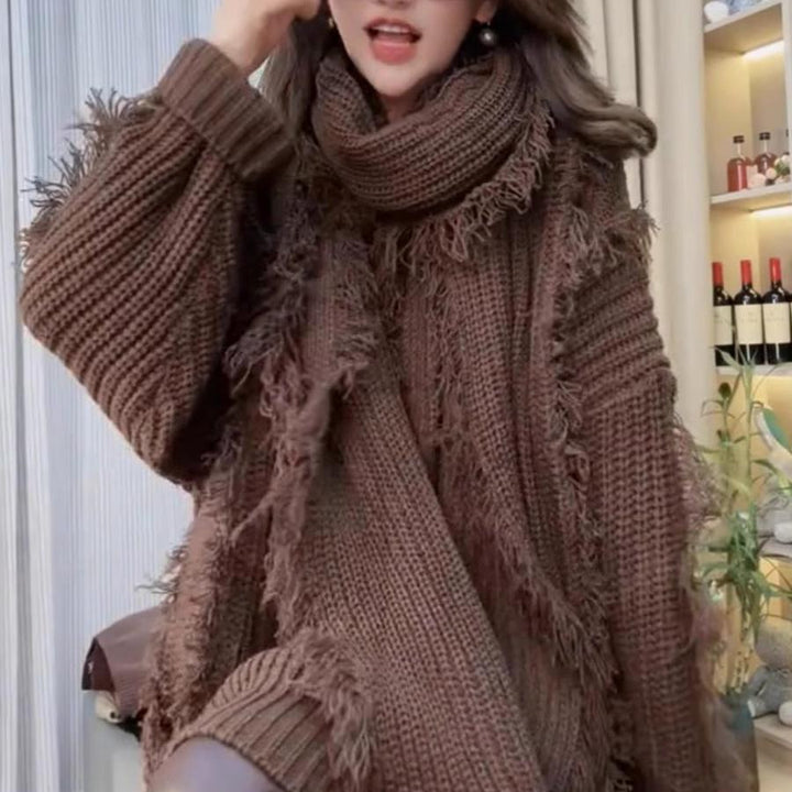 Damen Grobstrickpullover mit fransigen Abschlüssen und V-Ausschnitt Drune