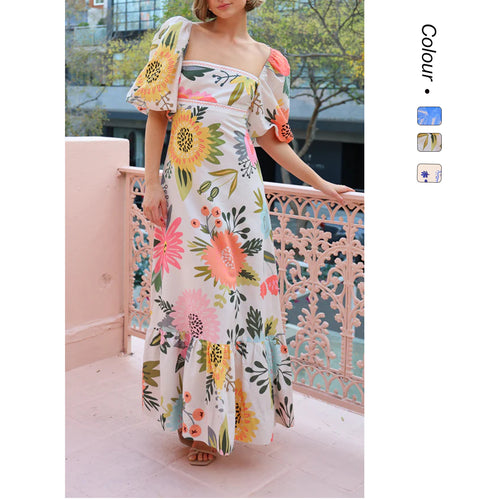 Damen Maxikleid mit eleganten Puffärmeln und floralen Akzenten Drune
