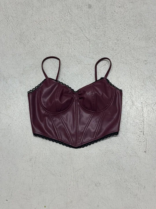 Damen Kunstleder-Corsage-Top mit elegantem Spitzensaum Drune
