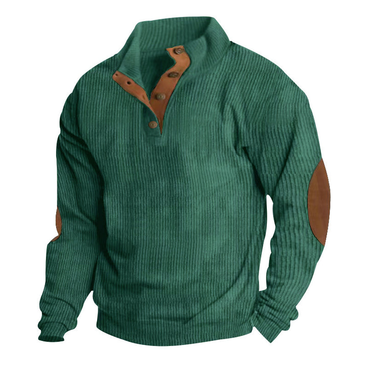Herren nan rustikaler gerippter Pullover mit Henley-Kragen und lederartigen Ellbogenbesätzen Drune