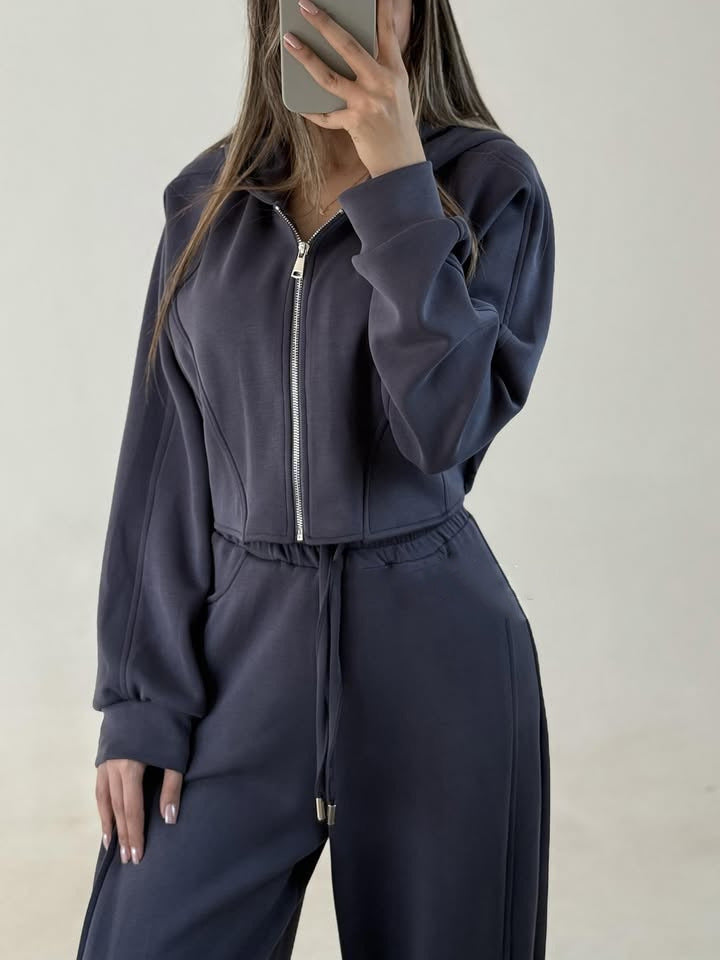 Damen nan weite Highwaist-Loungehose mit Tunnelzug, Eingrifftaschen und Ziernähten Drune
