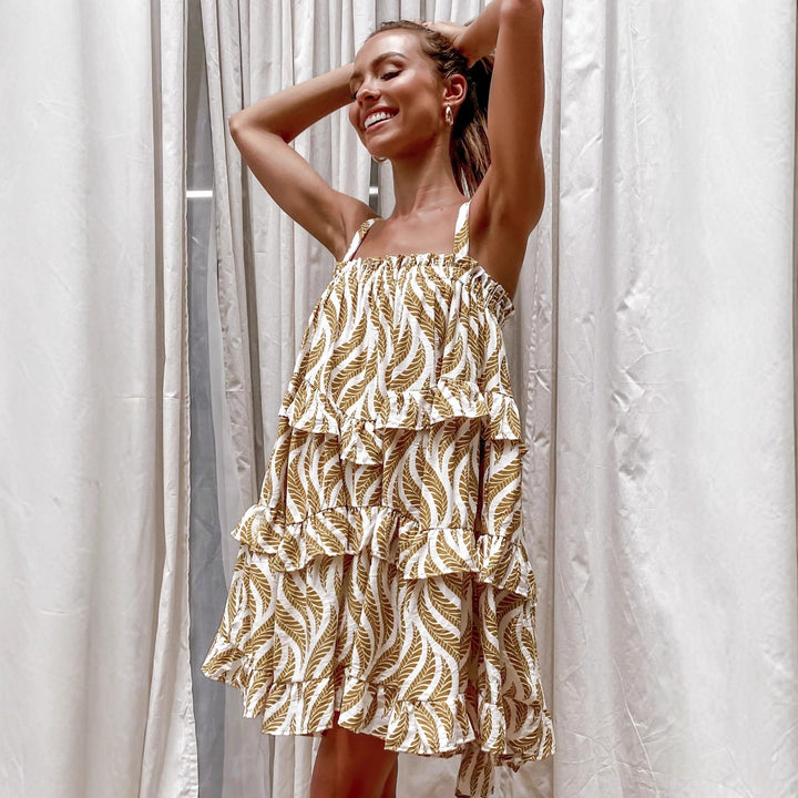 Damen Luftiges Strandkleid mit voluminösem Rock und Rüschendetails Drune