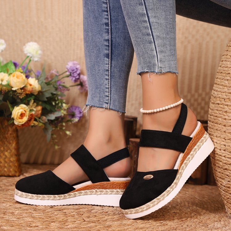 Damen  Espadrille-Keilpantoletten mit elastischem Fersenriemen, Veloursoptik-Obermaterial und geflochtenem Jute-Plateau Drune