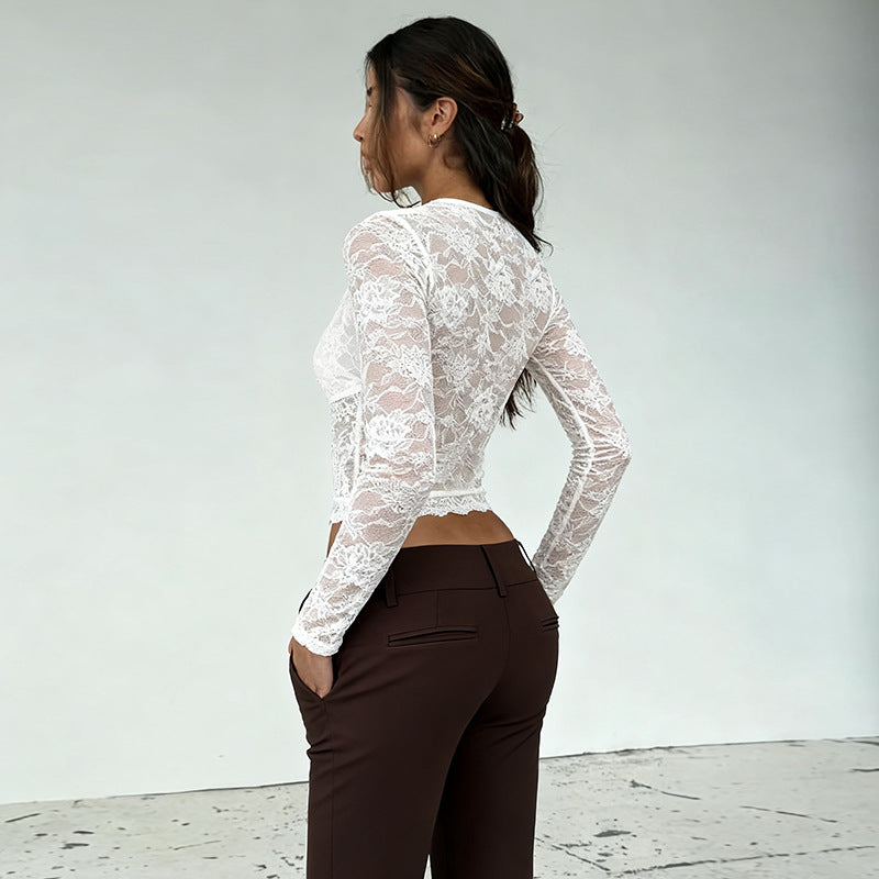 Damen Spitze Langarmshirt mit V-Ausschnitt und Rüschen Drune