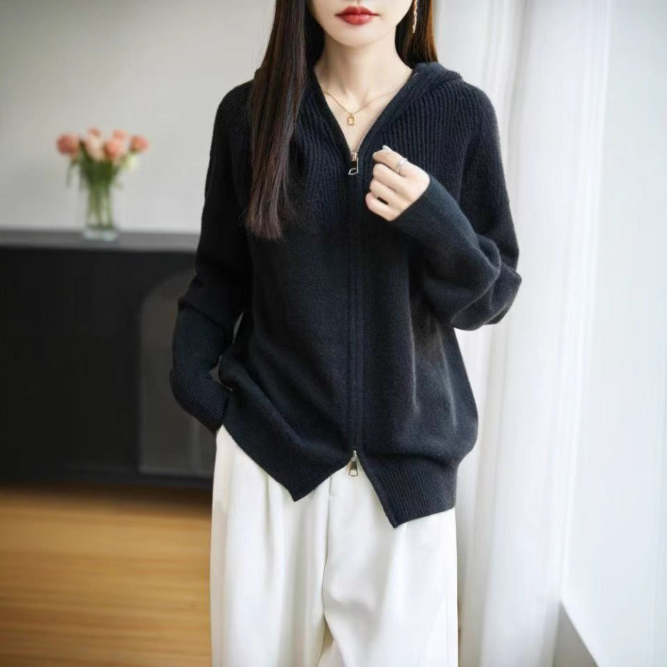 Damen Strickjacke mit Kapuze und Reißverschluss Drune