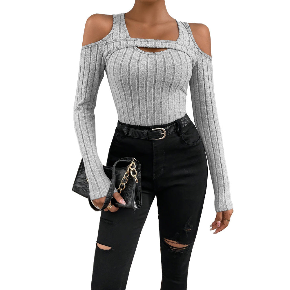 Damen Langarm-Top mit strukturiertem V-Ausschnitt und Cut-Out-Details Drune