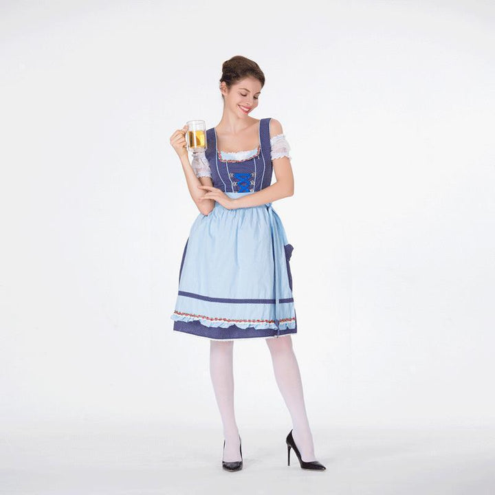 Damen nan bayerisches Trachtenkleid mit gepunktetem Mieder, Spitzeneinsätzen und geraffter Schürze Drune