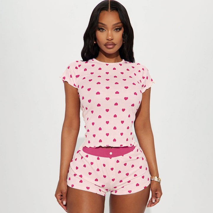 Damen Freizeitpyjama Set mit herzförmigem Design und elastischem Bund Drune