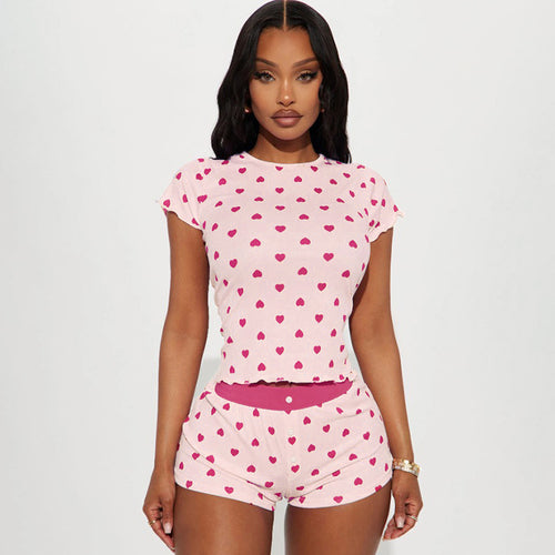 Damen Freizeitpyjama Set mit herzförmigem Design und elastischem Bund Drune