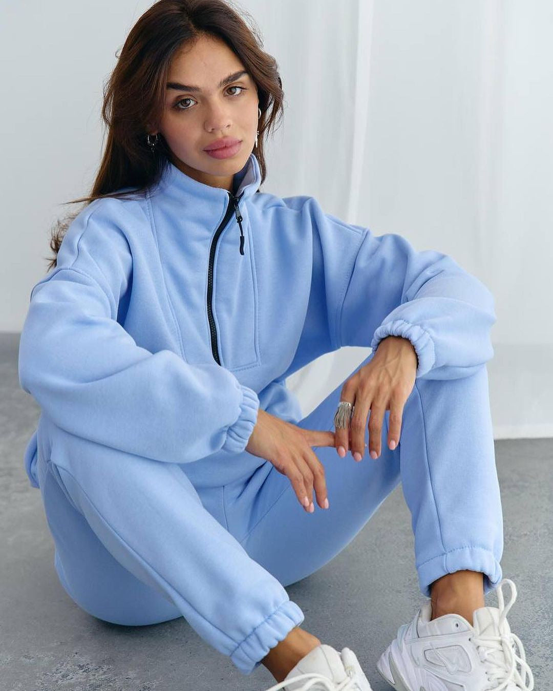 Damen Sportlicher Fleece-Traininganzug mit halbem Reißverschluss und elastischen Bündchen Drune