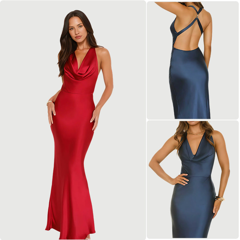 Damen Elegantes Satin Abendkleid mit tiefem Wasserfall-Ausschnitt und figurbetontem Schnitt Drune