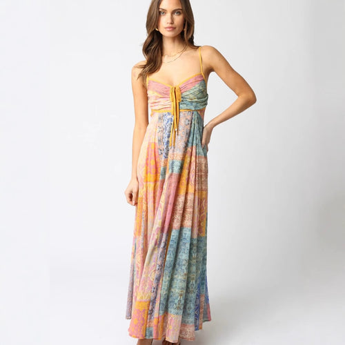 Damen nan bodenlanges Maxikleid mit gerafftem Bustier, Tunnelzug und Patchwork-Print Drune