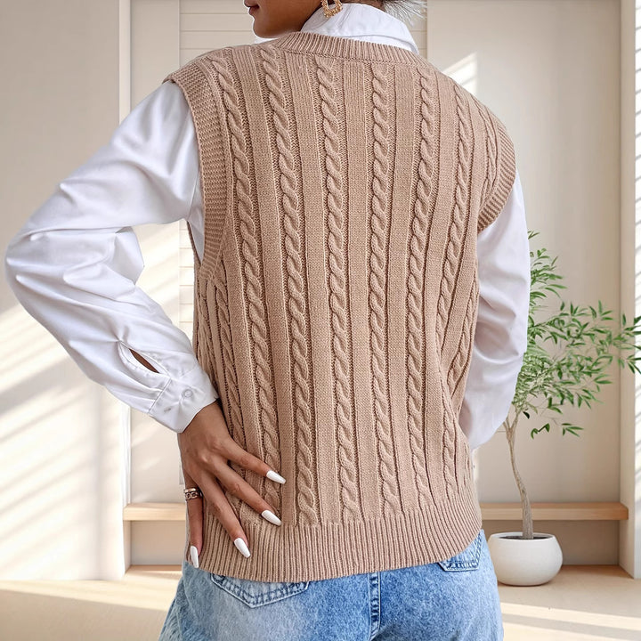 Damen Strickweste mit V-Ausschnitt und Zopfmuster Drune