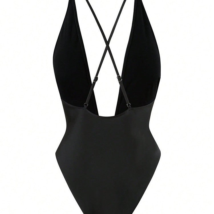 Damen Einteiler Badeanzug mit tiefem V-Ausschnitt und elegantem Schmuckelement Drune