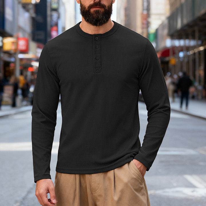 Herren nan Thermo-Henley-Langarmshirt mit Waffelstruktur, Rundhalsausschnitt und Knopfleiste Drune