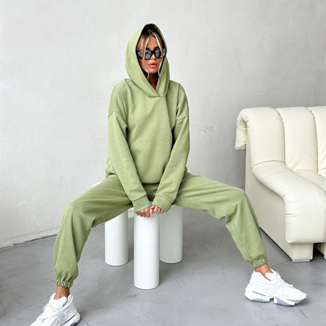 Damen nan Cropped Kapuzenpullover und taillierte Bündchen-Jogginghose Set aus schwerem French Terry Drune