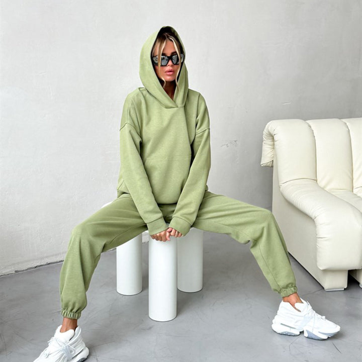 Damen nan Cropped Kapuzenpullover und taillierte Bündchen-Jogginghose Set aus schwerem French Terry Drune