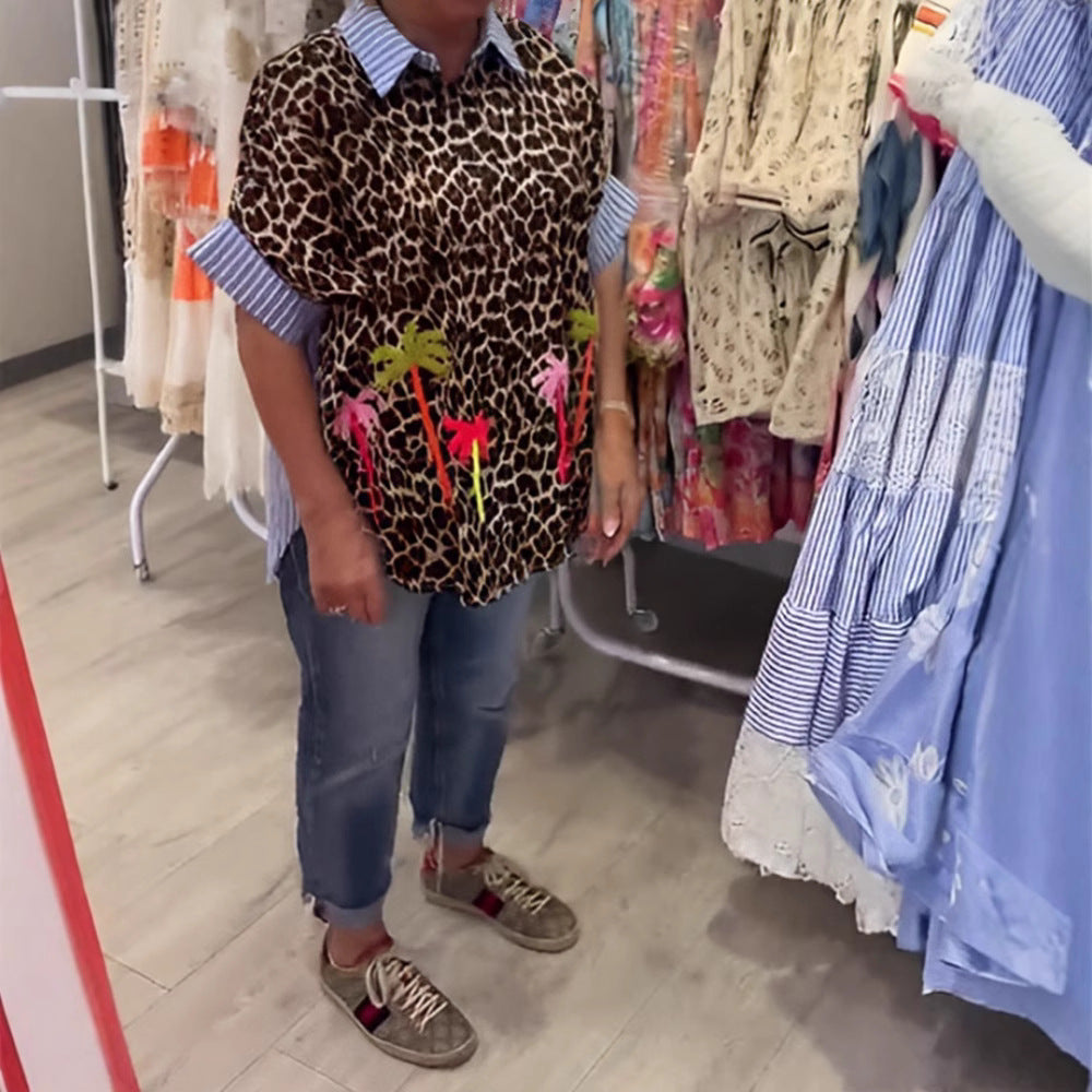 Damen nan weit geschnittene Poncho-Tunika mit Leoprint und dekorativen Flamingo-Applikationen Drune