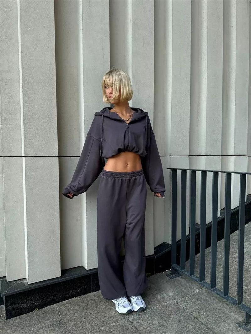 Damen nan kurz geschnittenes Zip-Hoodie und Highwaist Sweathose Lounge-Set mit Kapuze Drune