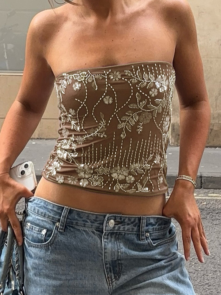 Damen Push-Up Oberteil mit zartem Blumenmuster und funkelnden Pailletten Drune