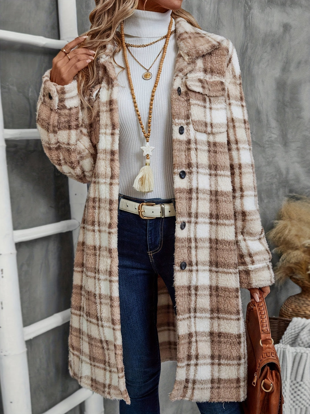 Damen Plüsch Jacke mit Karomuster Drune