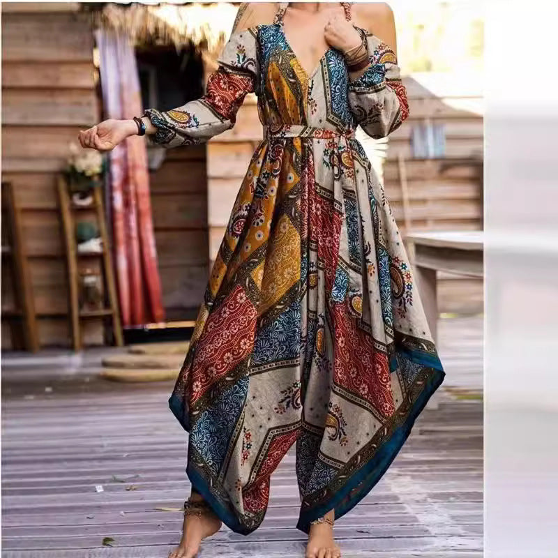 Damen Langes Wickelkleid mit verspieltem Muster und off-shoulder Design Drune