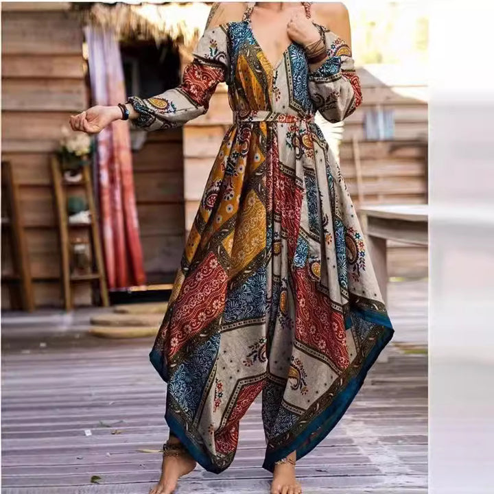 Damen Langes Wickelkleid mit verspieltem Muster und off-shoulder Design Drune