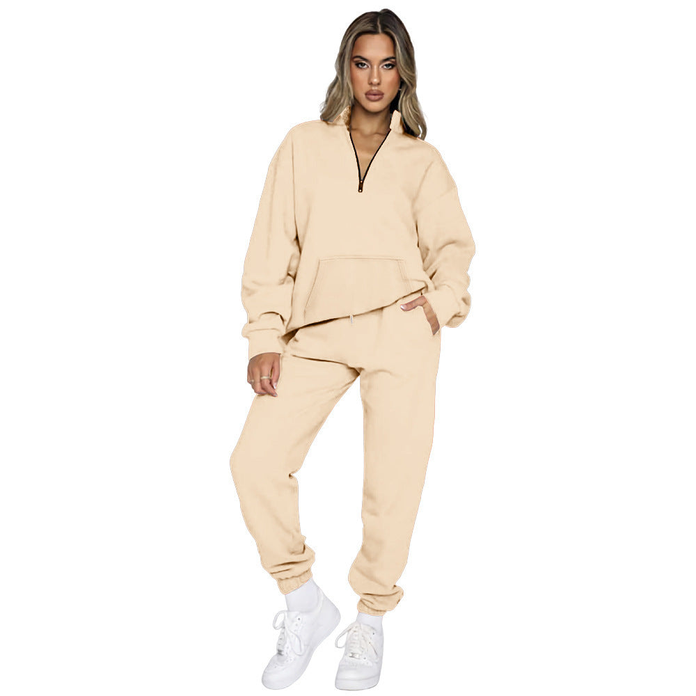 Damen nan French‑Terry Relax‑Loungewear‑Set mit halbem Reißverschluss, Kängurutasche und taillierter, schmal zulaufender Jogginghose Drune