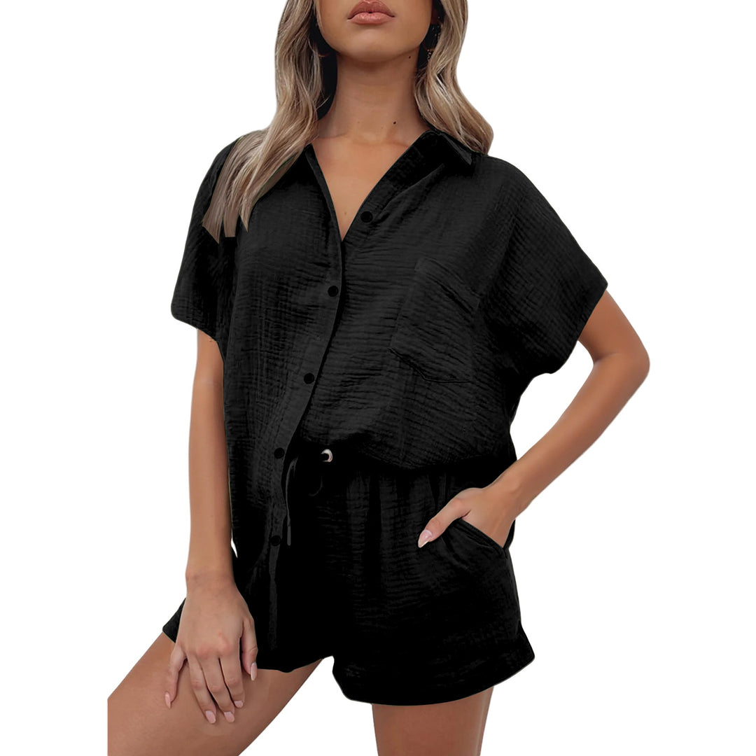 Damen lässiges Kurzarm-Hemd und Shorts Set aus strapazierfähigem Baumwollmaterial mit praktischen Taschen und elastischem Bund Drune