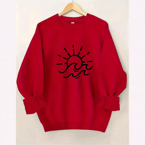 Damen Sweatshirt mit kreativem Sonnen- und Wellenmotiv Drune