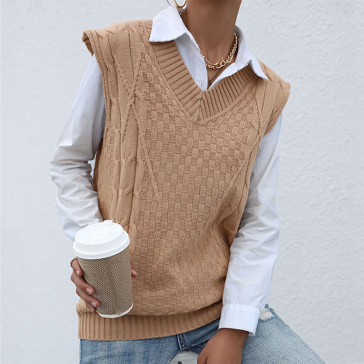 Damen klassischer Strickpullover ohne Ärmel mit V-Ausschnitt und strukturiertem Muster Drune
