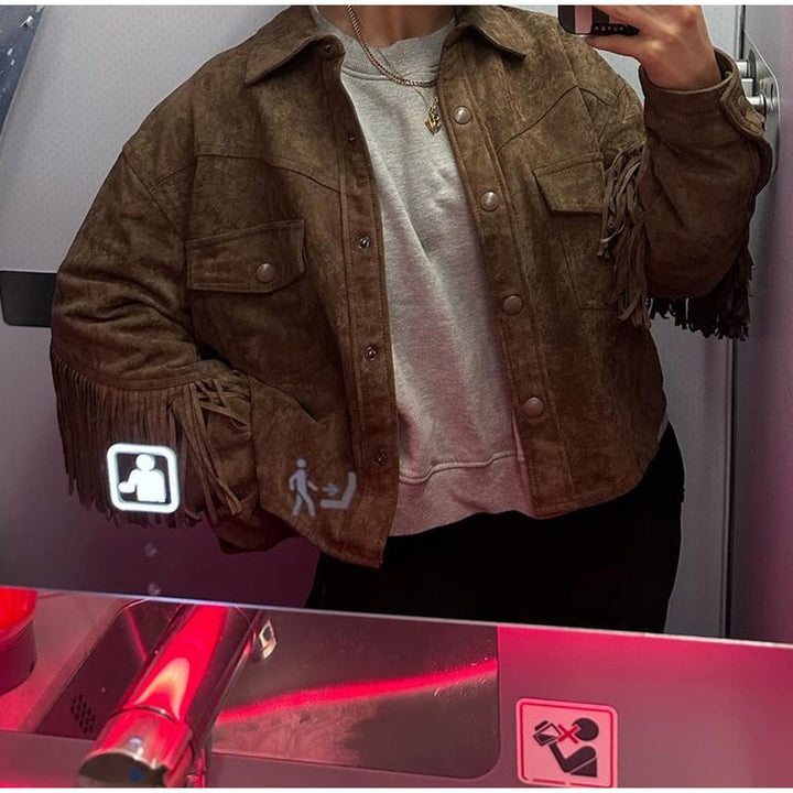 Damen lässige Wildlederjacke mit Fransen und Taschen Drune