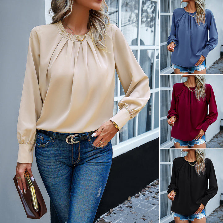 Damen Bluse mit eleganten Falten und dekorativem Rundhalsausschnitt Drune