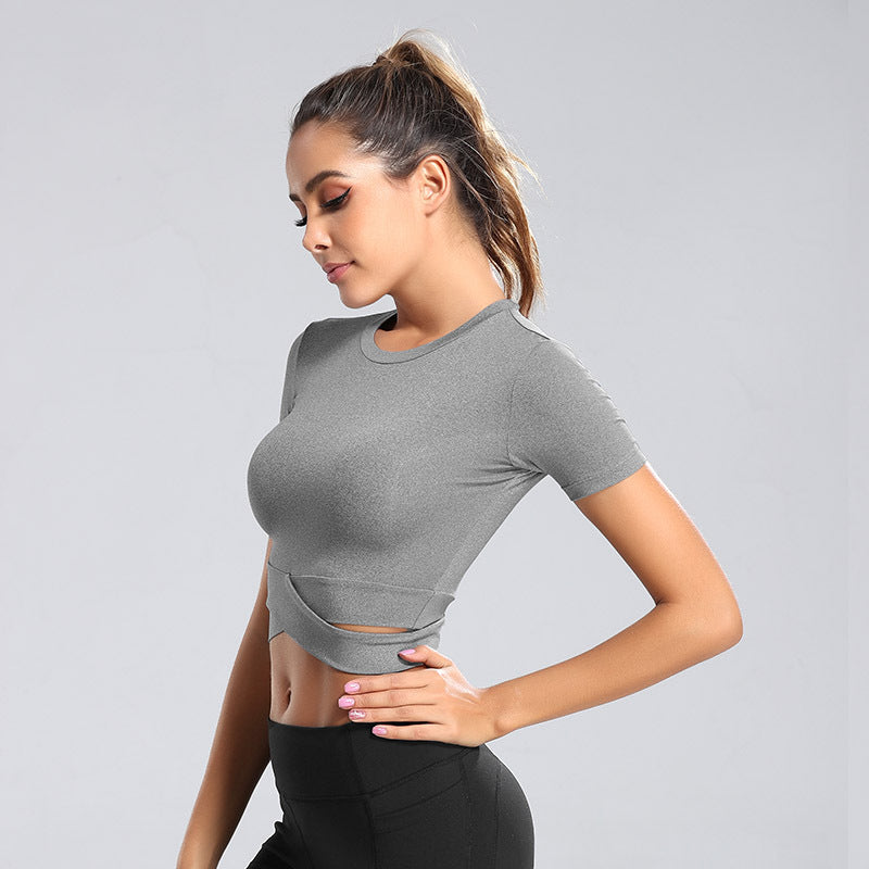 Damen kurzärmliges Trainings-Crop-Top mit innovativer Wickeloptik Drune