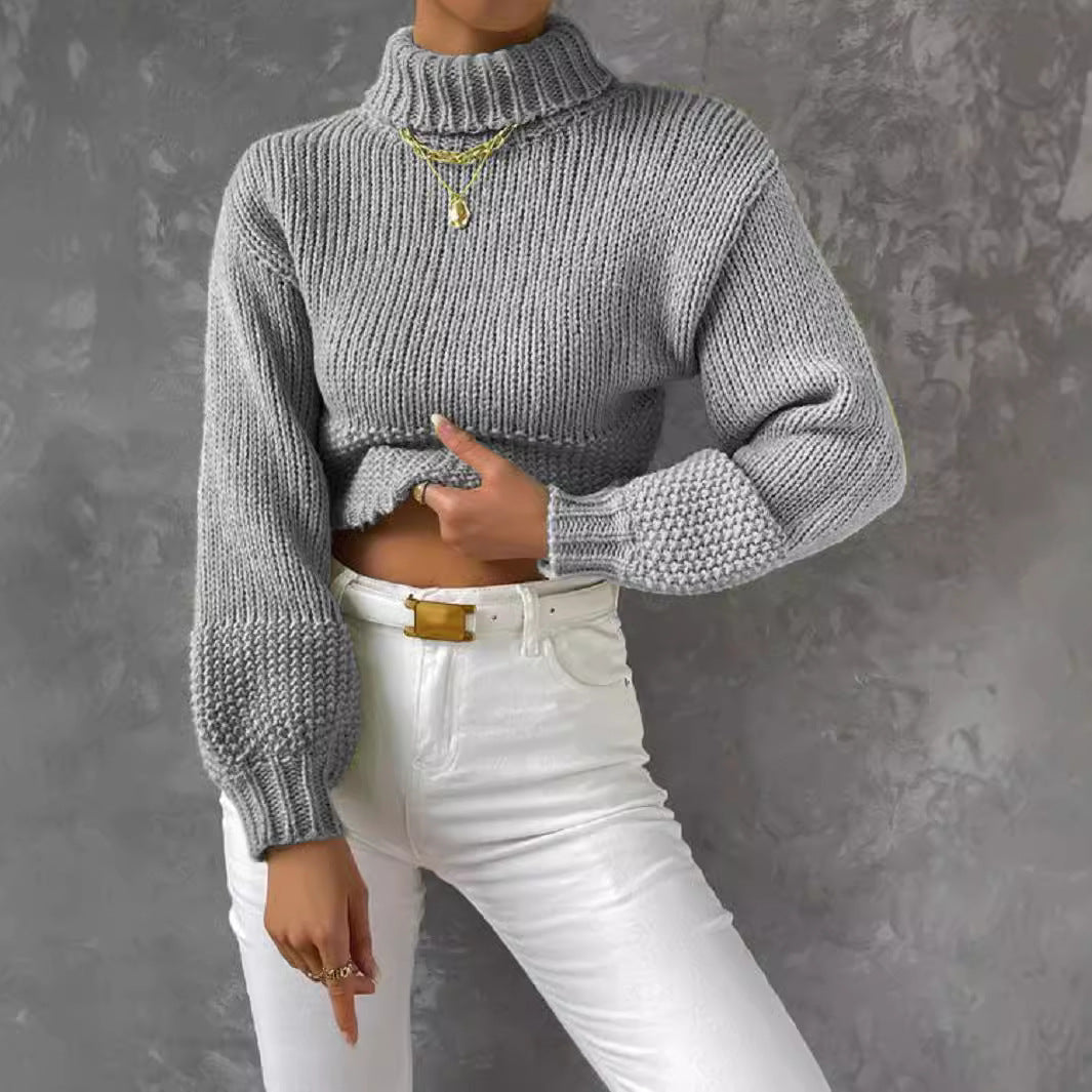 Damen Grobstrick Pullover mit hohem Kragen Drune