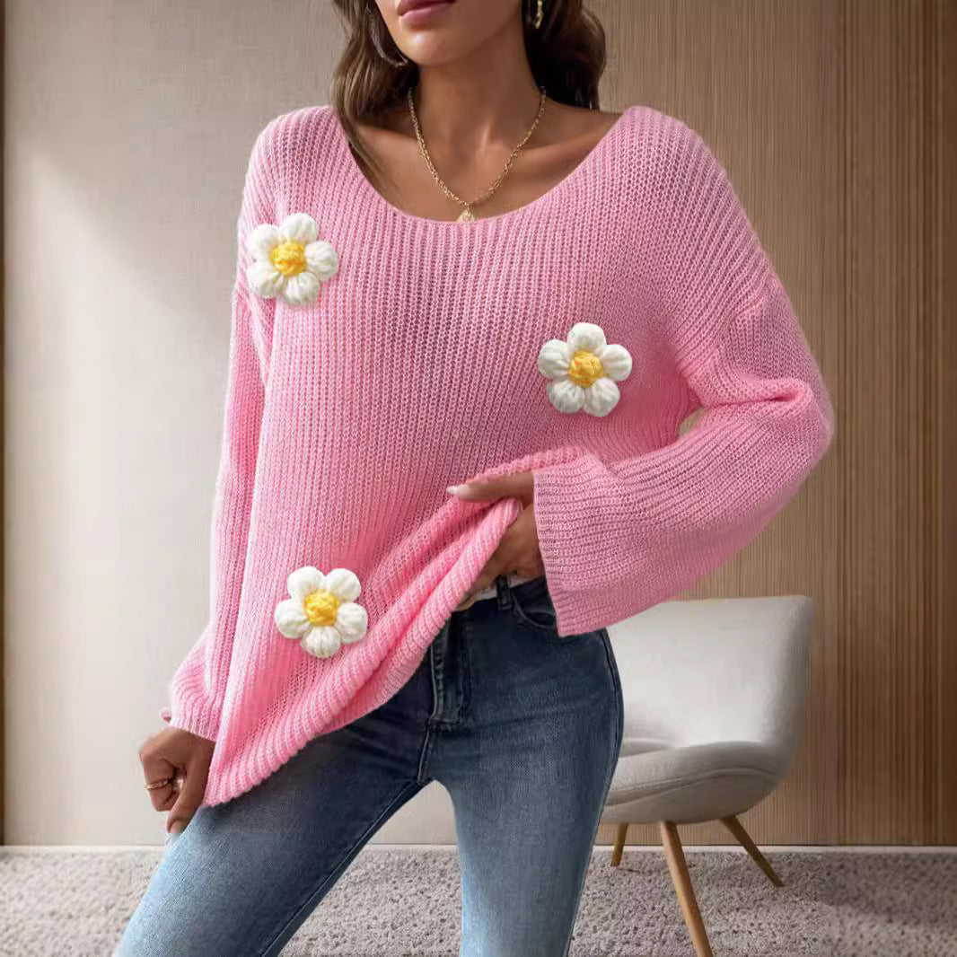 Damen Strickpullover mit verspielten Blumenapplikationen Drune