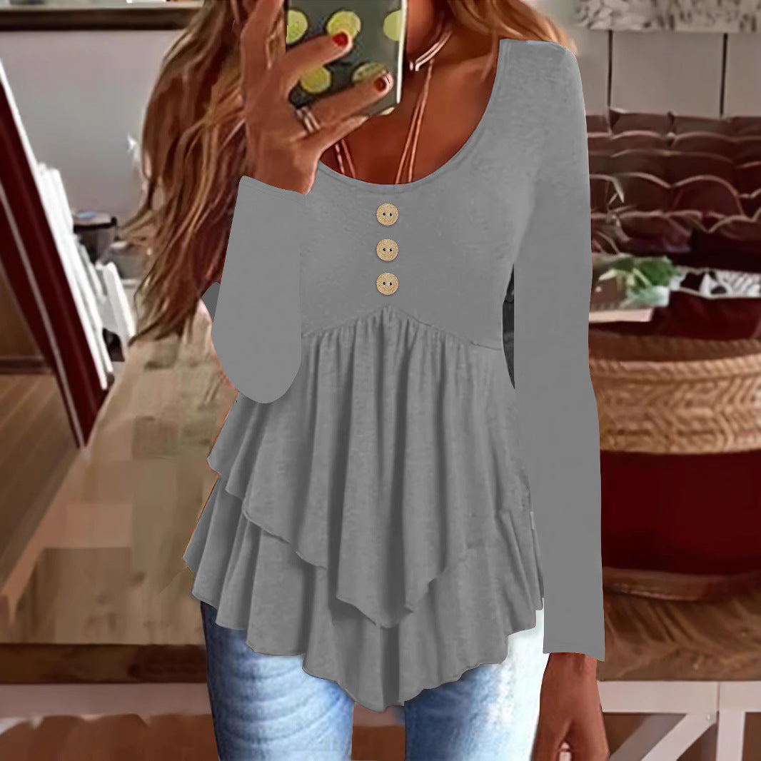Damen Langarm Blusenshirt mit mehrlagigem Design und dekorativen Knopfdetails Drune