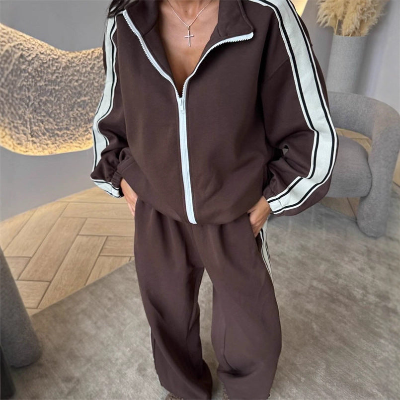 Damen sportliches Fleece-Jogging-Set mit hohen Seitenschlitzen Drune
