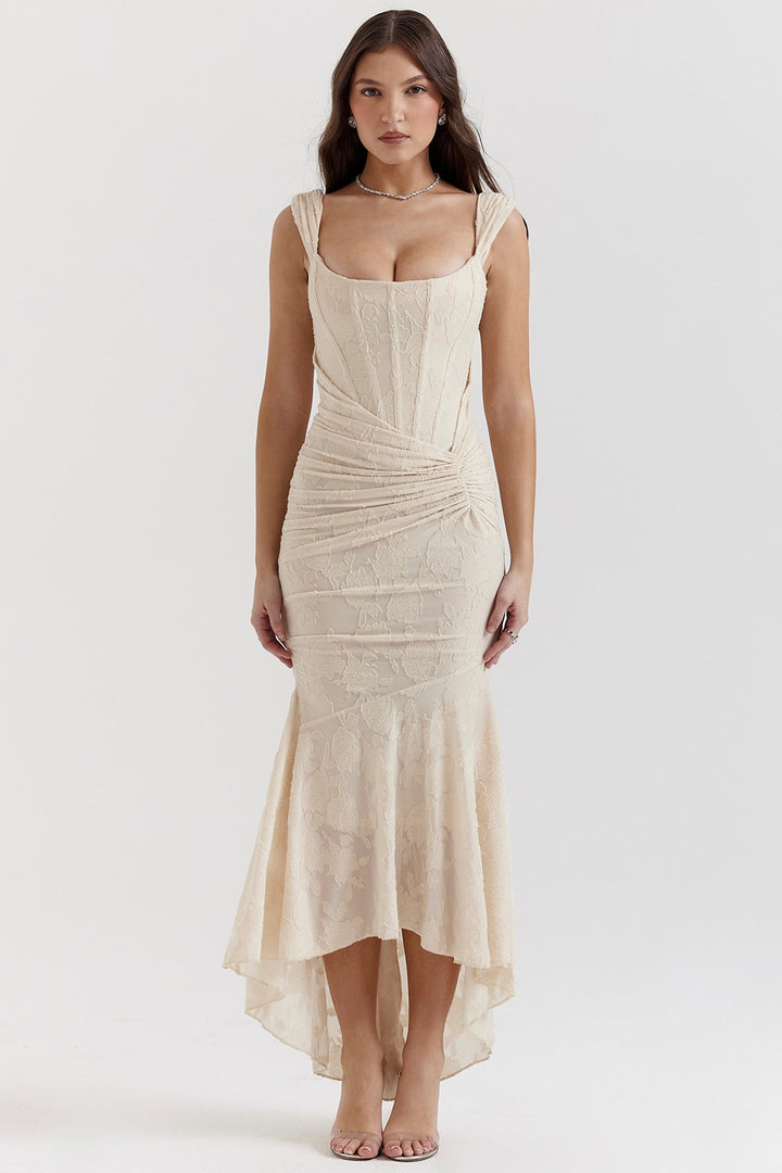 Damen Elegantes Maxikleid mit floralem Relief und asymmetrischem Saum Drune