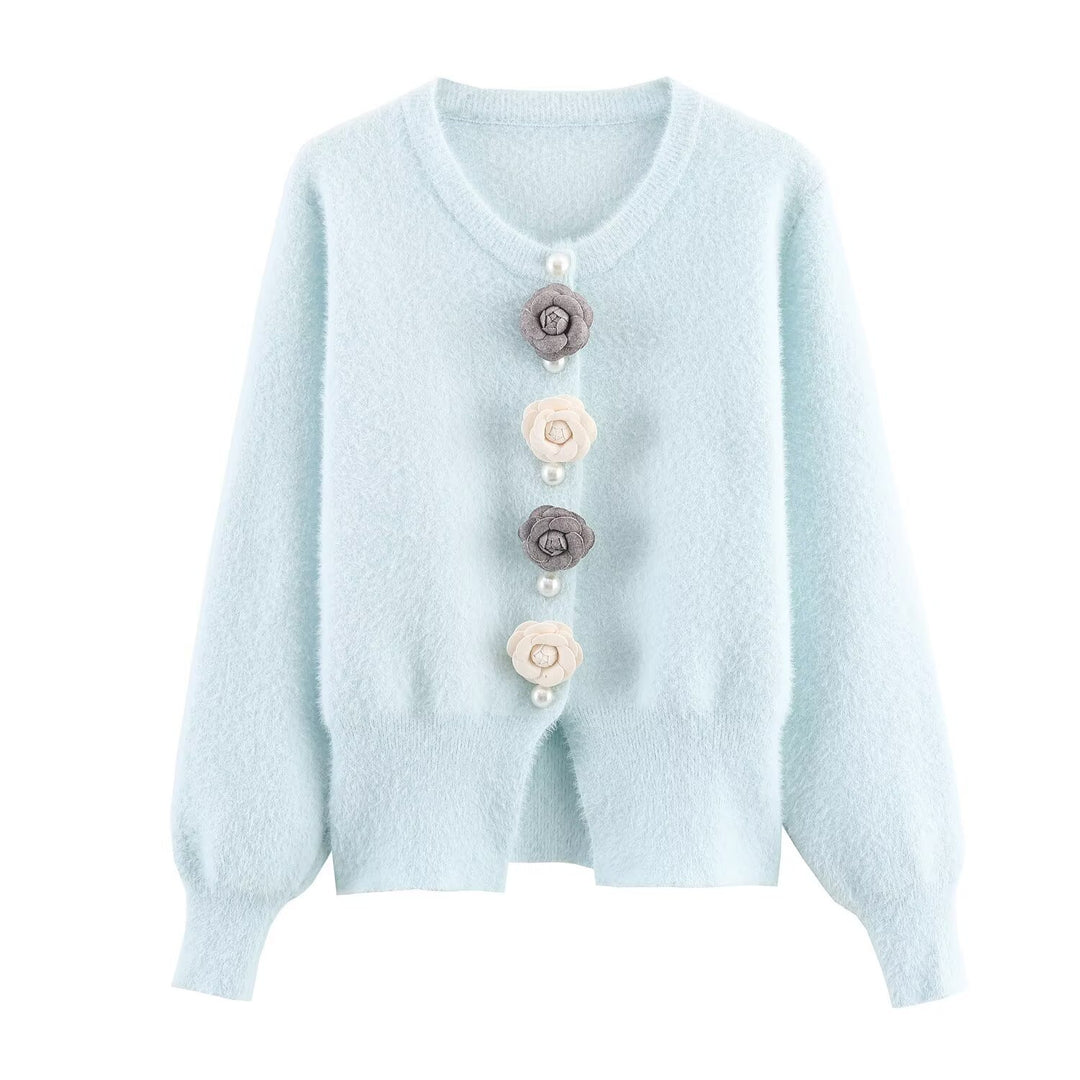 Damen Kuschelige Strickjacke mit stilvollen Blumendetails Drune