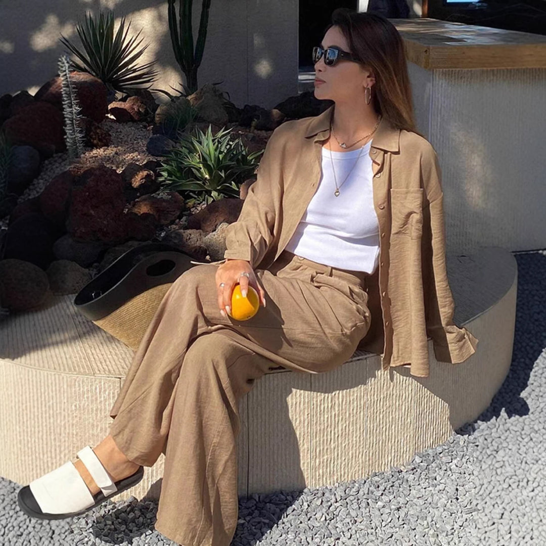 Damen nan entspanntes Leinen Lounge Set mit Oversize Hemd und Kordelbund Palazzohose Drune