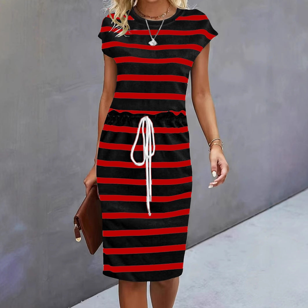 Damen Freizeitleinenkleid mit bunten Streifen und verstellbarem Taillenzug Drune