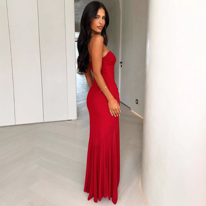 Damen Elegantes Maxikleid mit gerafftem Oberteil und schwingendem Rock Drune