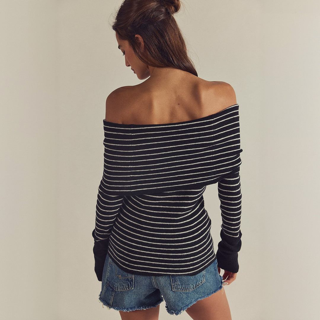 Damen Off-Shoulder Pullover mit modernem Streifenmuster und Knopfdetails Drune
