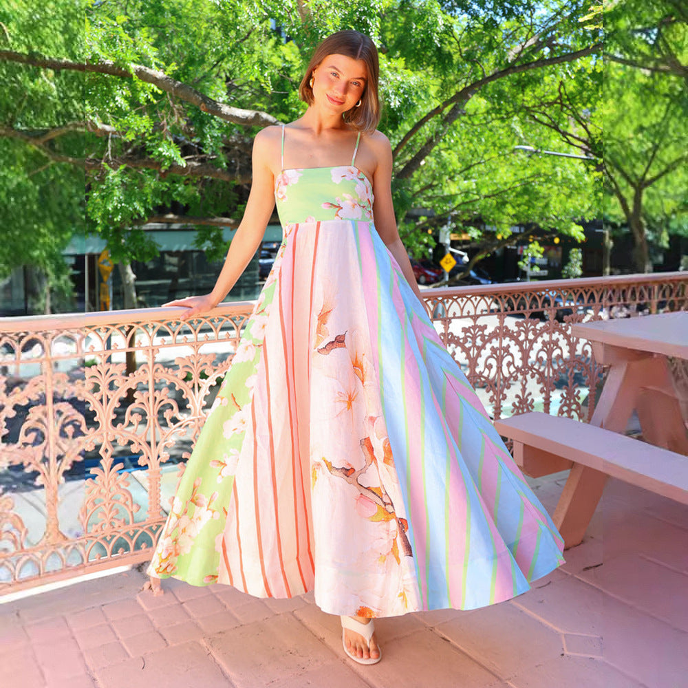 Damen Maxikleid mit mehrfarbigem floralen Design und schicker Streifenoptik Drune