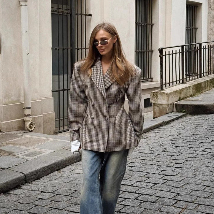 Damen Oversized Karo-Blazer mit doppelter Knopfverschluss Drune