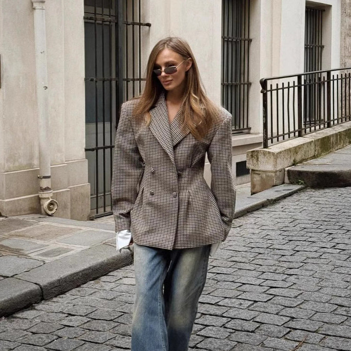 Damen Oversized Karo-Blazer mit doppelter Knopfverschluss Drune