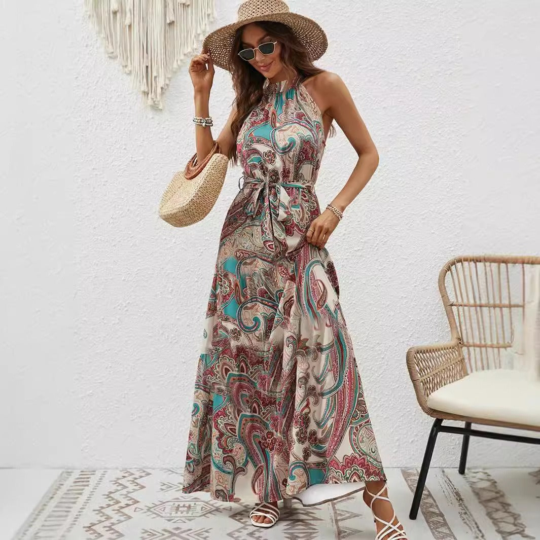 Damen Maxikleid im Boho-Stil mit elegantem Halterneck und seitlichem Bindegürtel Drune