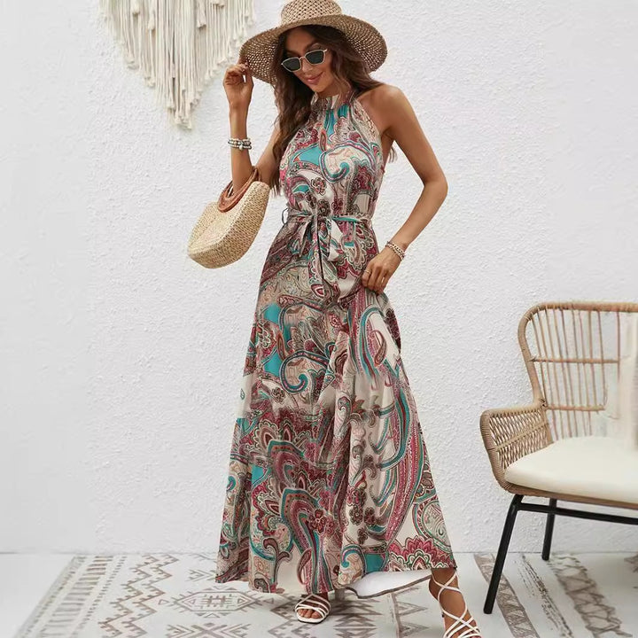 Damen Maxikleid im Boho-Stil mit elegantem Halterneck und seitlichem Bindegürtel Drune