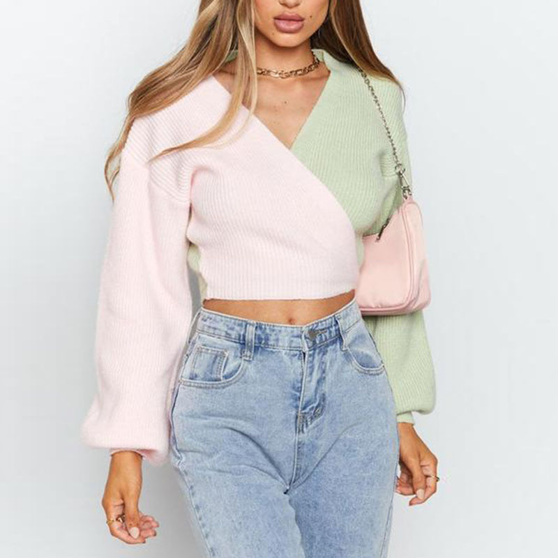 Damen Eleganter V-Ausschnitt Pullover mit farblich abgesetzten Ärmeln und strukturierter Oberfläche Drune